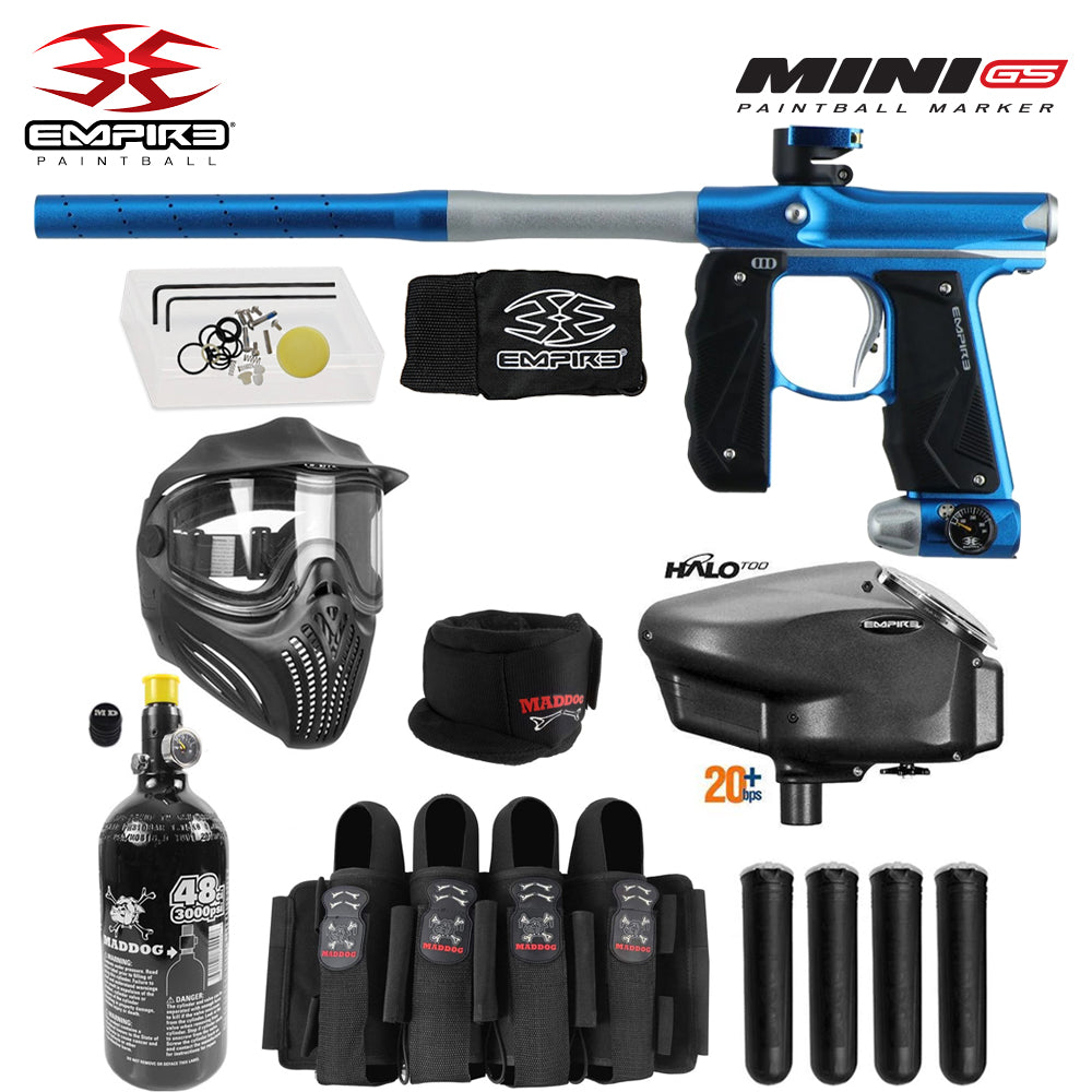Empire Mini GS Full Auto Paintball Gun Marker w/ 48/3000 HPA Tank, Empire Halo Too Loader, Empire Helix Thermal Mask, Neck Protector, 4+3 Harness & (4) Pods Starter Package