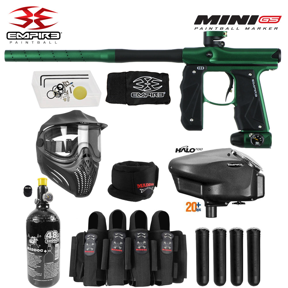 Empire Mini GS Full Auto Paintball Gun Marker w/ 48/3000 HPA Tank, Empire Halo Too Loader, Empire Helix Thermal Mask, Neck Protector, 4+3 Harness & (4) Pods Starter Package