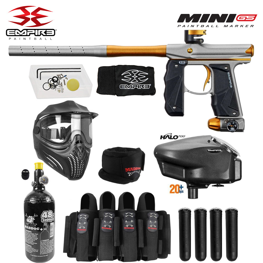 Empire Mini GS Full Auto Paintball Gun Marker w/ 48/3000 HPA Tank, Empire Halo Too Loader, Empire Helix Thermal Mask, Neck Protector, 4+3 Harness & (4) Pods Starter Package