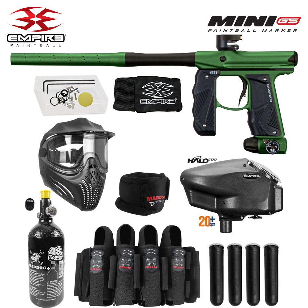 Empire Mini GS Full Auto Paintball Gun Marker w/ 48/3000 HPA Tank, Empire Halo Too Loader, Empire Helix Thermal Mask, Neck Protector, 4+3 Harness & (4) Pods Starter Package