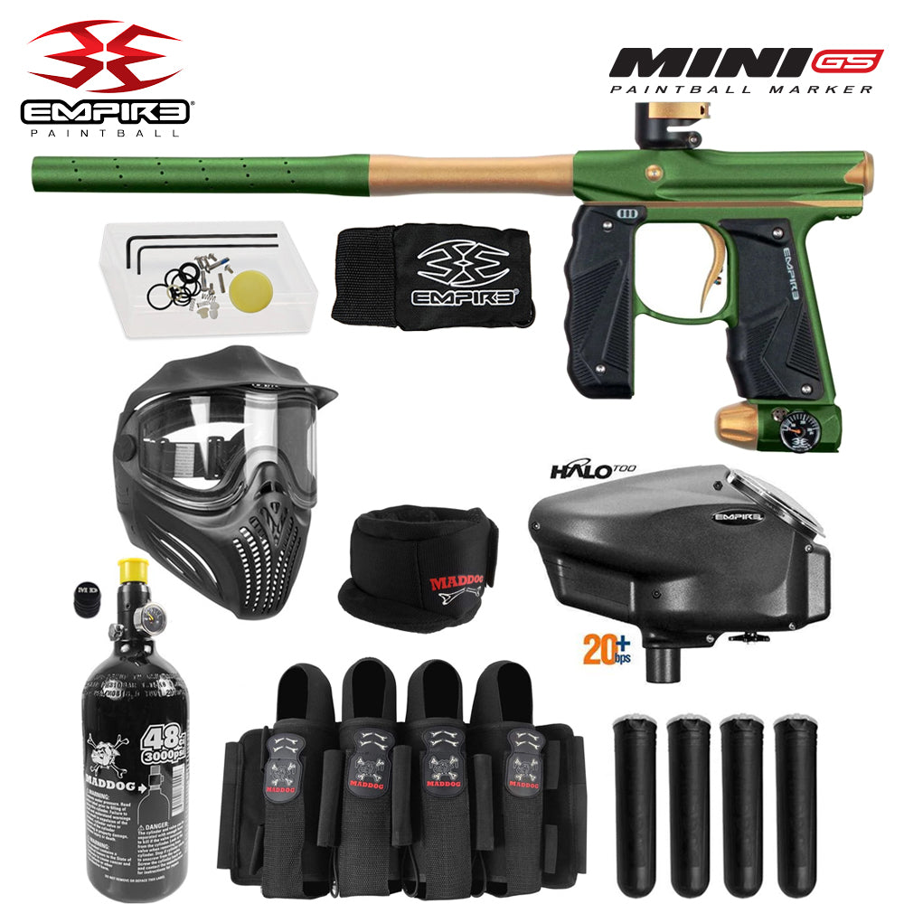 Empire Mini GS Full Auto Paintball Gun Marker w/ 48/3000 HPA Tank, Empire Halo Too Loader, Empire Helix Thermal Mask, Neck Protector, 4+3 Harness & (4) Pods Starter Package