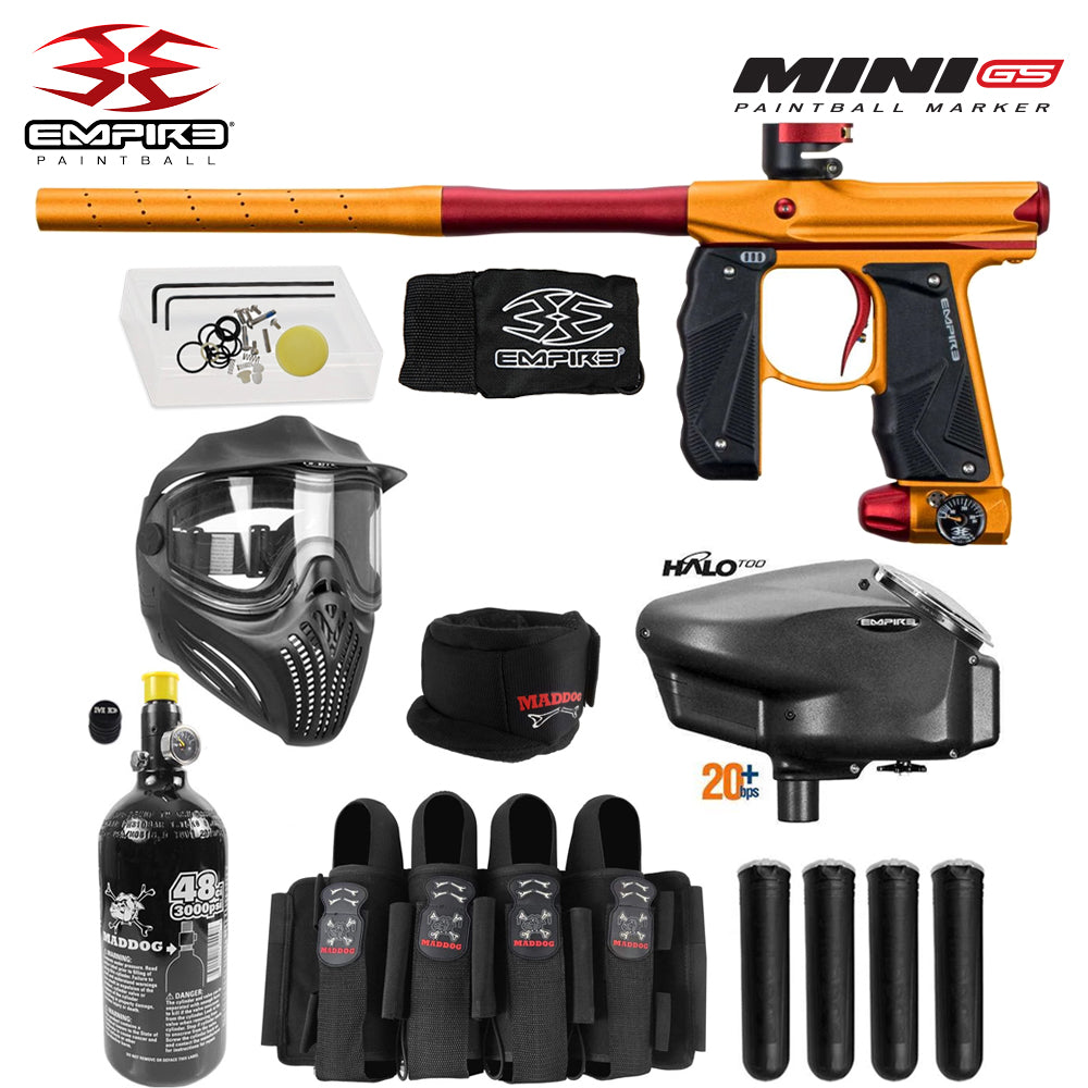 Empire Mini GS Full Auto Paintball Gun Marker w/ 48/3000 HPA Tank, Empire Halo Too Loader, Empire Helix Thermal Mask, Neck Protector, 4+3 Harness & (4) Pods Starter Package