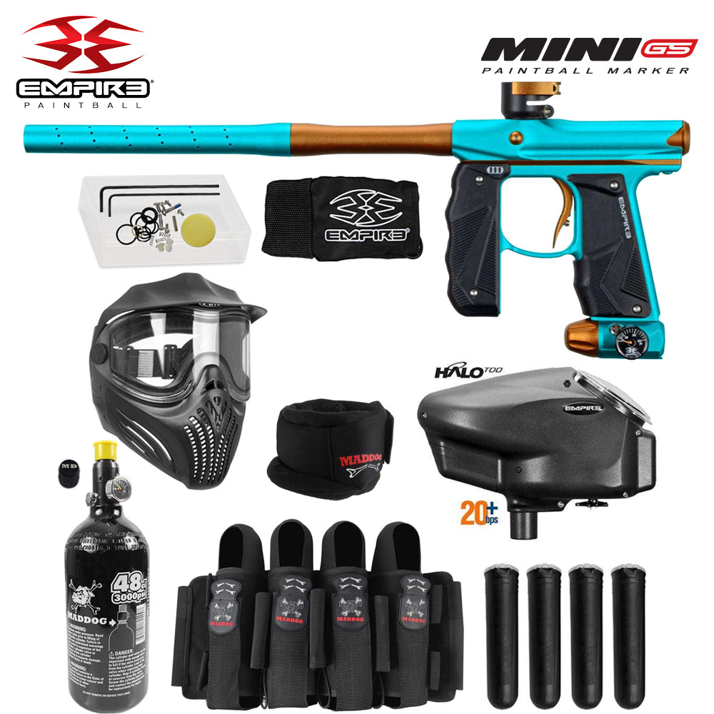 Empire Mini GS Full Auto Paintball Gun Marker w/ 48/3000 HPA Tank, Empire Halo Too Loader, Empire Helix Thermal Mask, Neck Protector, 4+3 Harness & (4) Pods Starter Package