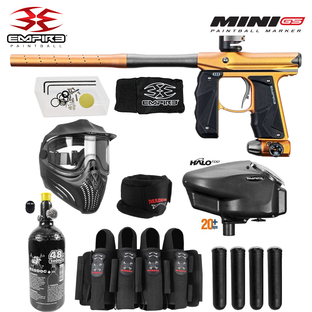 Empire Mini GS Full Auto Paintball Gun Marker w/ 48/3000 HPA Tank, Empire Halo Too Loader, Empire Helix Thermal Mask, Neck Protector, 4+3 Harness & (4) Pods Starter Package