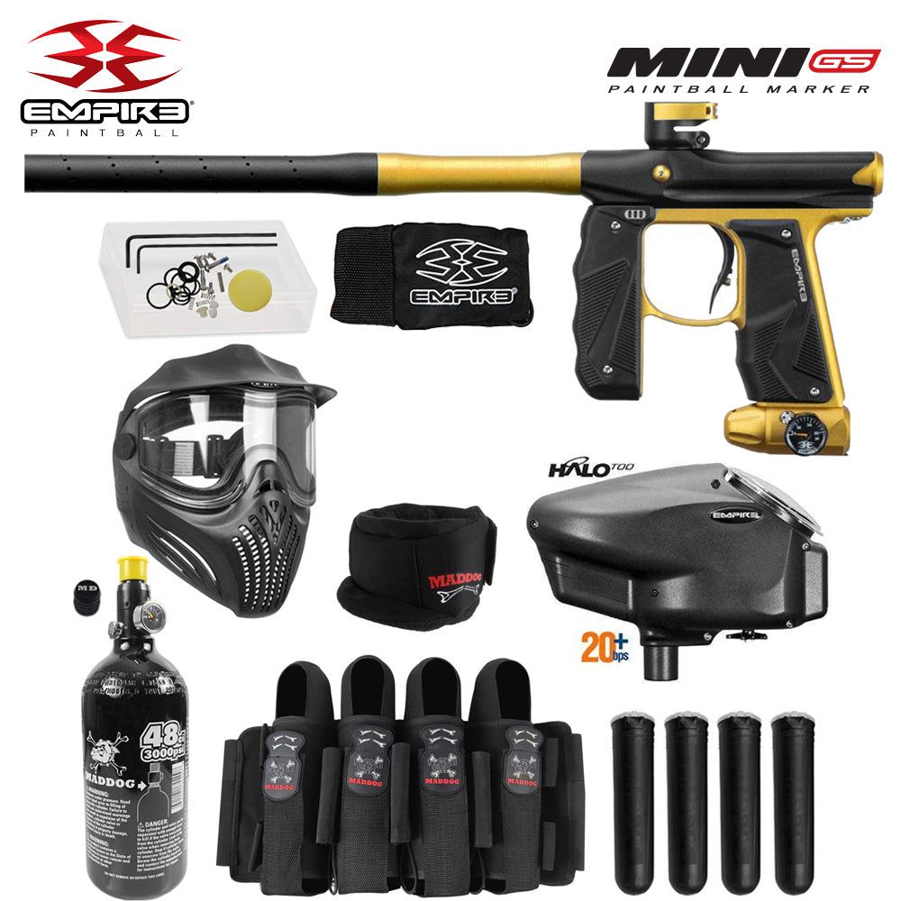 Empire Mini GS Full Auto Paintball Gun Marker w/ 48/3000 HPA Tank, Empire Halo Too Loader, Empire Helix Thermal Mask, Neck Protector, 4+3 Harness & (4) Pods Starter Package