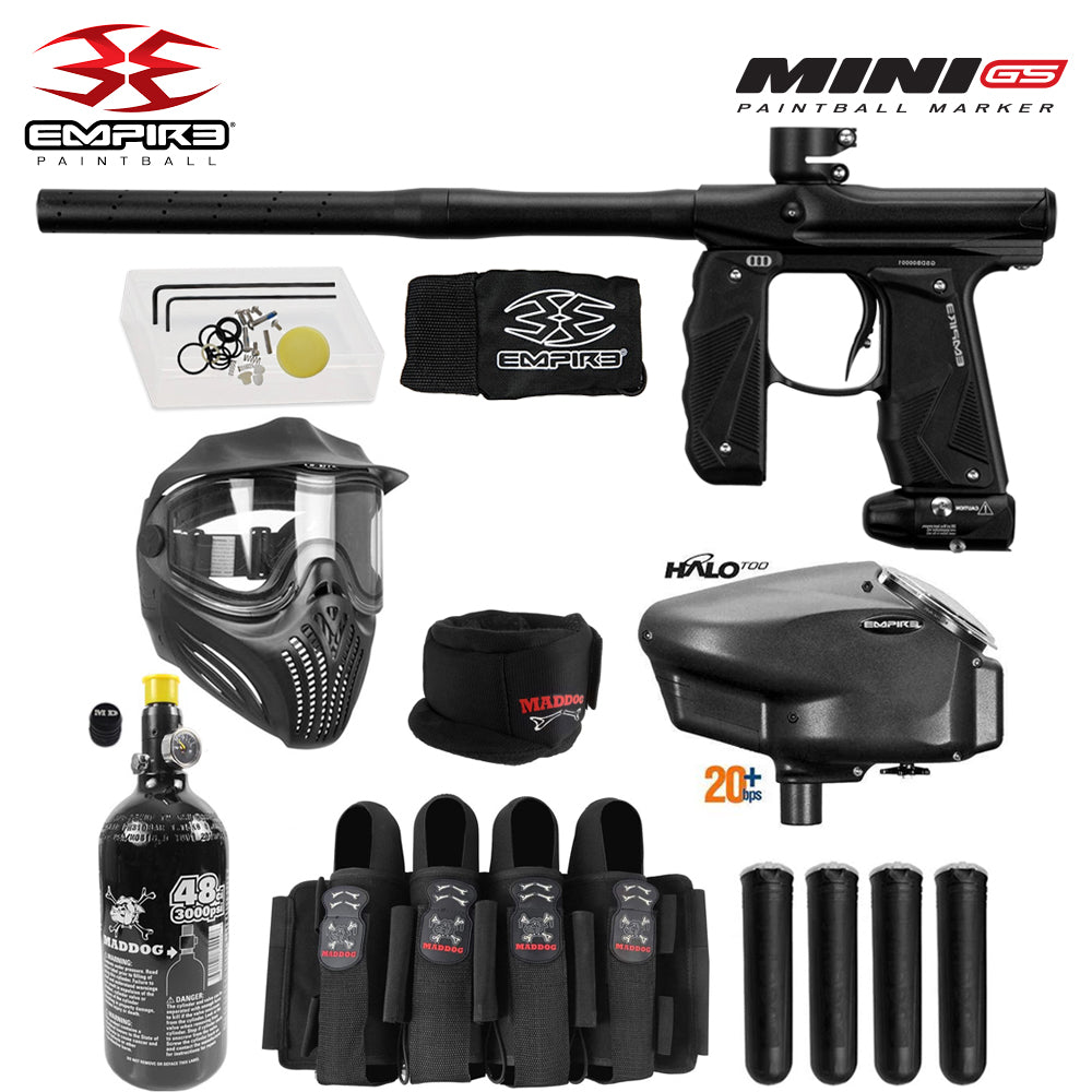 Empire Mini GS Full Auto Paintball Gun Marker w/ 48/3000 HPA Tank, Empire Halo Too Loader, Empire Helix Thermal Mask, Neck Protector, 4+3 Harness & (4) Pods Starter Package