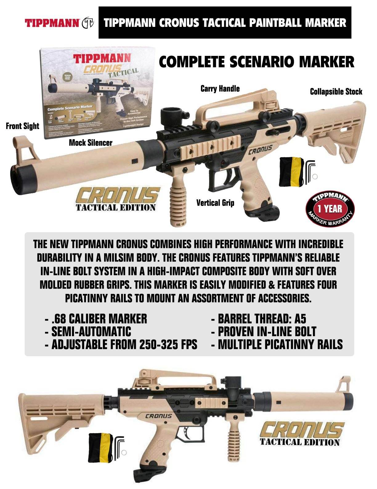 Tippmann Cronus TACTICAL Semi Auto .68 Cal Paintball Gun Marker - Black / Tan - PaintballDeals.com