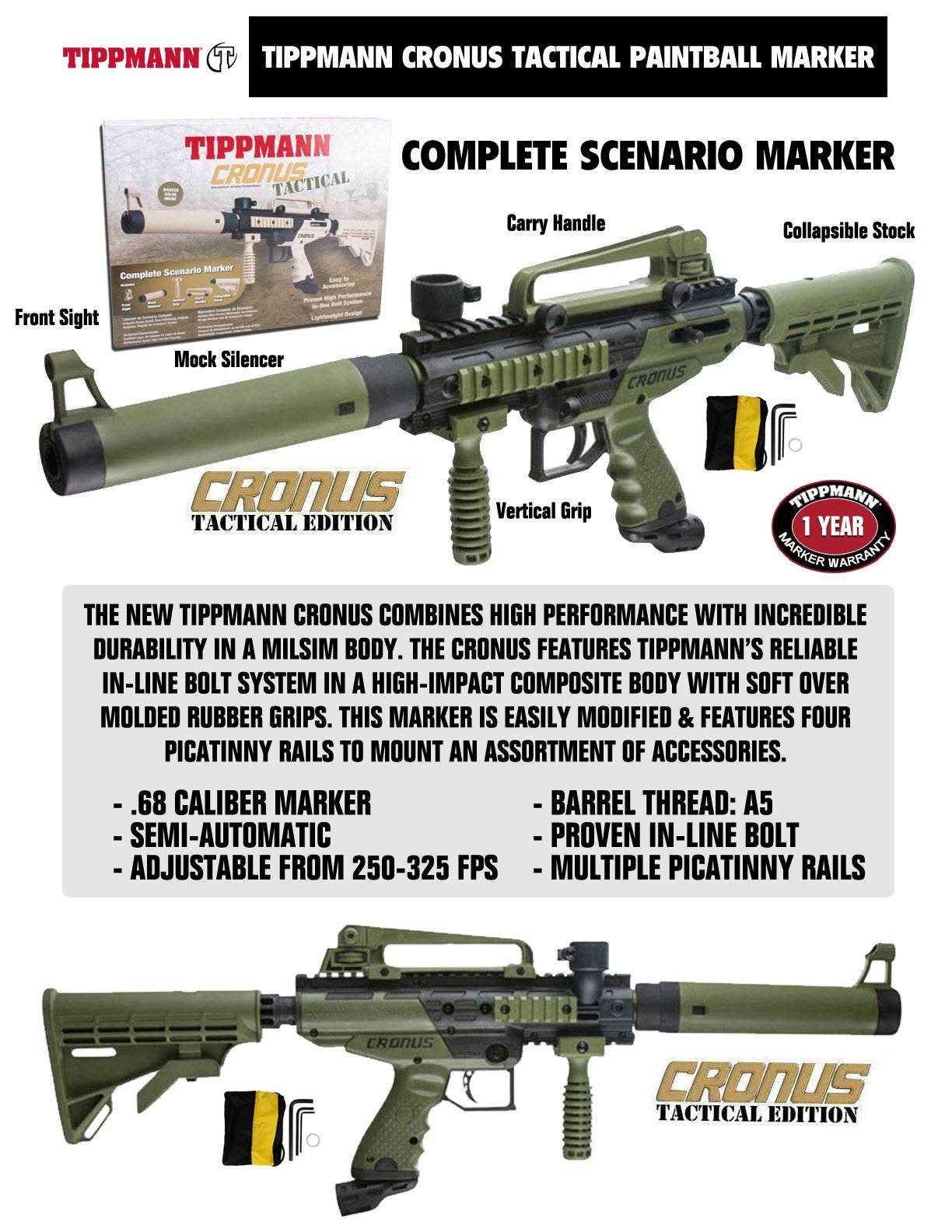 Tippmann Cronus TACTICAL Semi Auto .68 Cal Paintball Gun Marker - Black / Olive - PaintballDeals.com