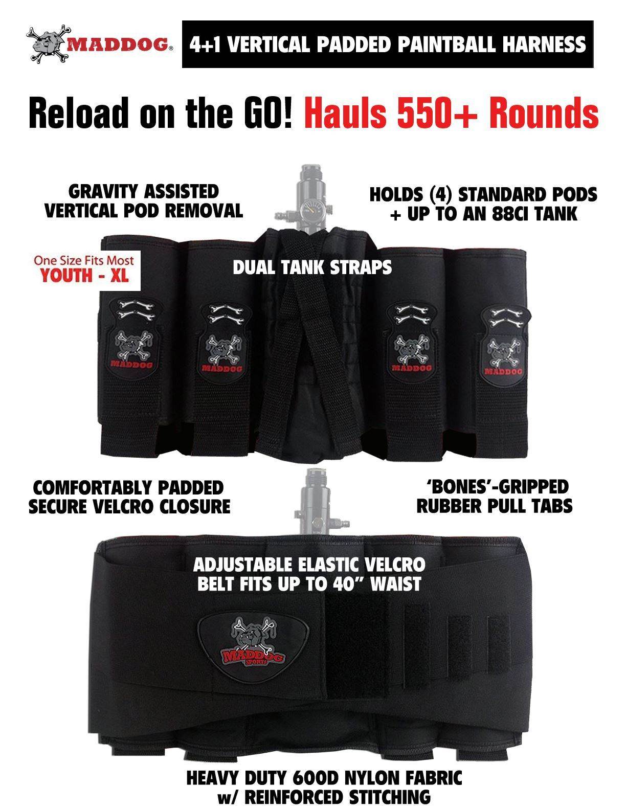 Maddog 4+1 Vertical Paintball Harness w/ Paintball Pods & Remote Coil Combo