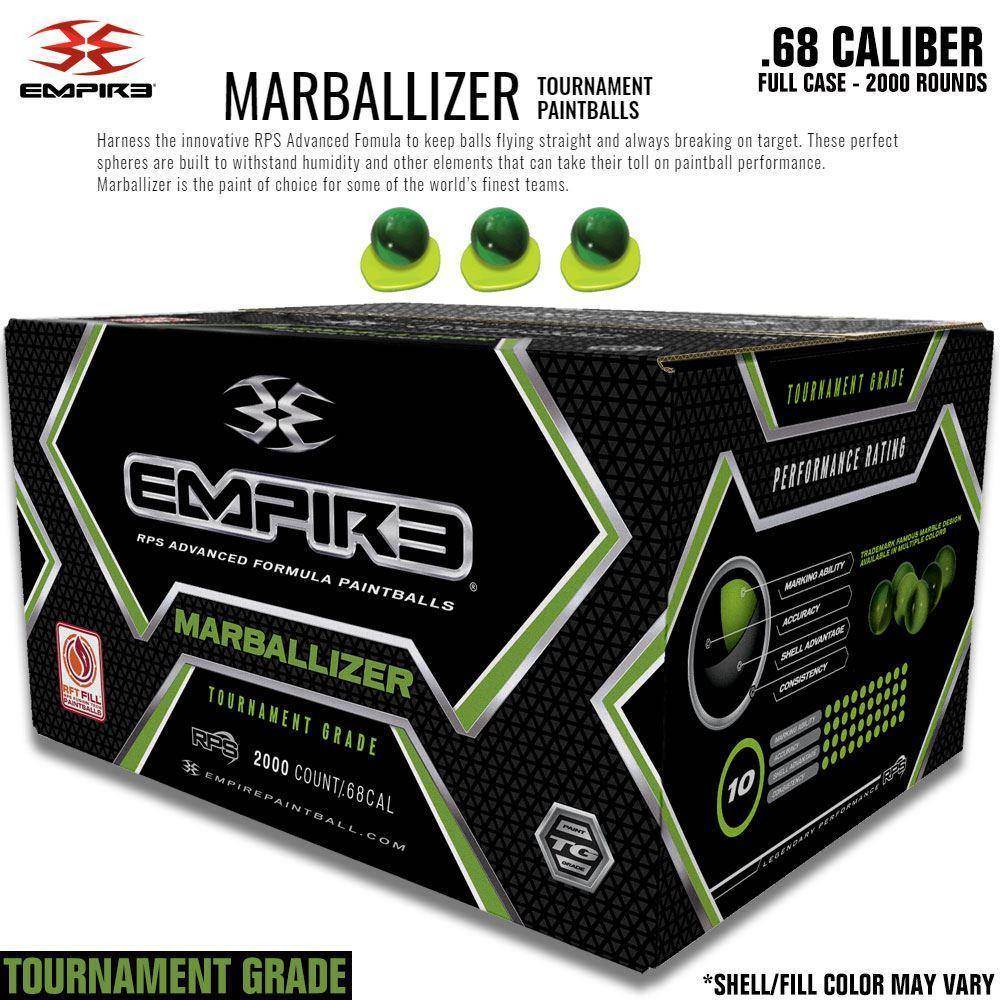 Empire Marballizer .68 Caliber Paintballs - Clear Blue Swirl Shell / Yellow Fill - Full Case 2,000 Rounds - PaintballDeals.com