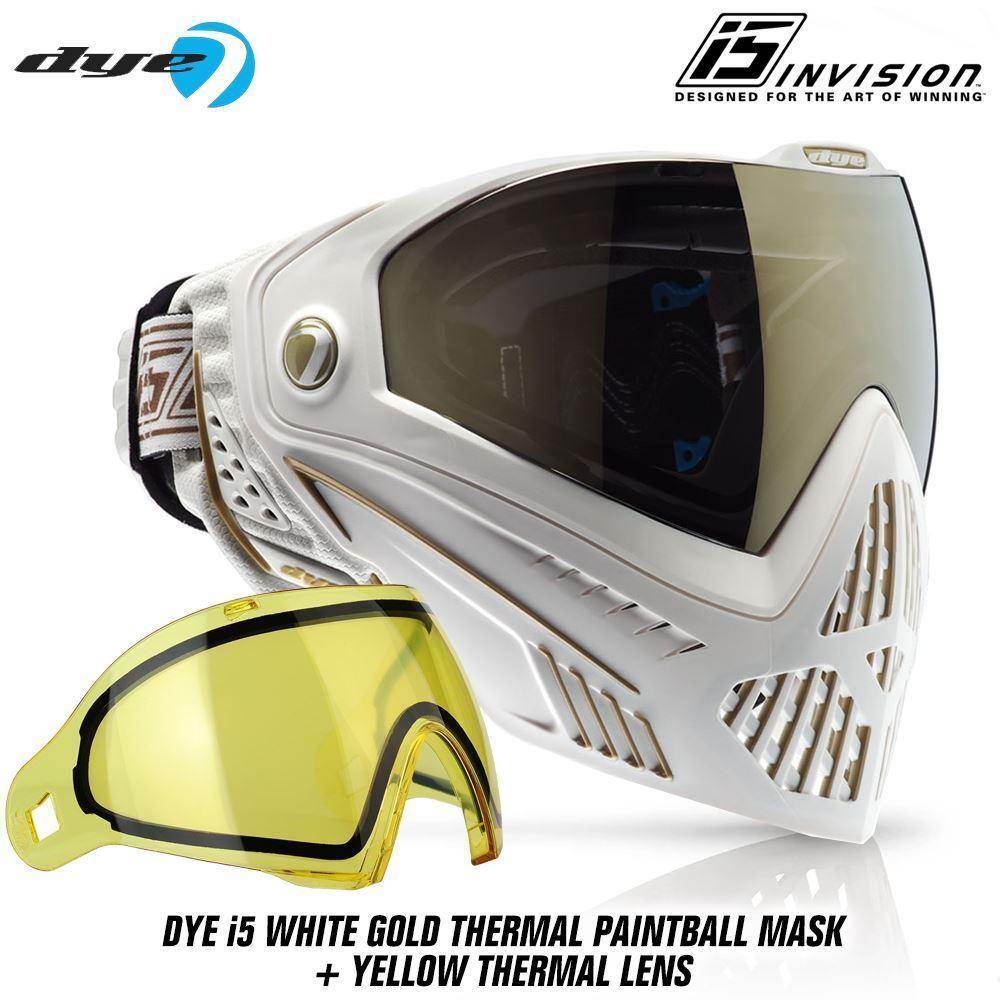 Dye I5 Thermal Paintball Mask Goggles with GSR Pro Strap - White / Gold - PaintballDeals.com