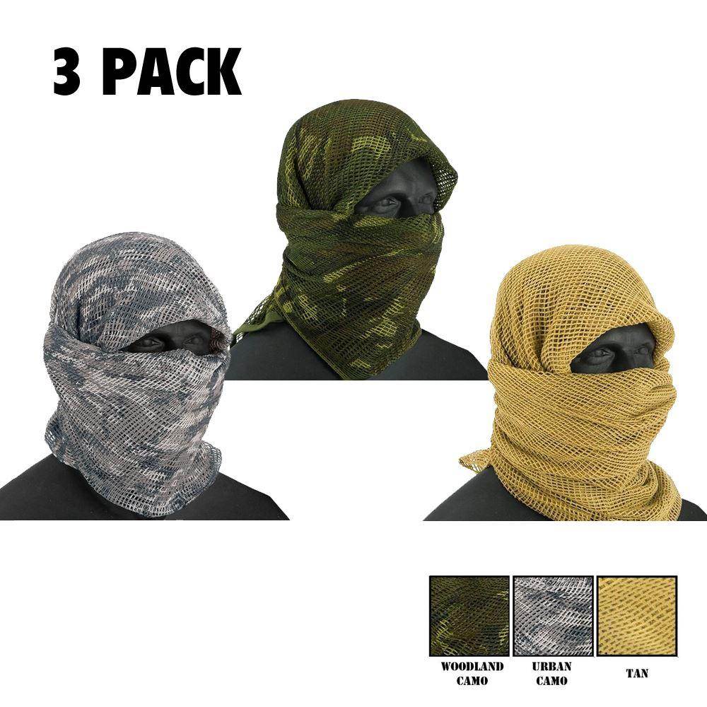 Zephyr Tactical Mesh Sniper Veil Desert Shemagh - Urban -Woodland Camo - Desert Tan - 3 Pack