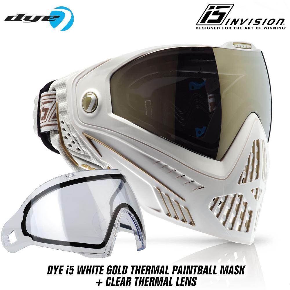 Dye I5 Thermal Paintball Mask Goggles with GSR Pro Strap - White / Gold - PaintballDeals.com